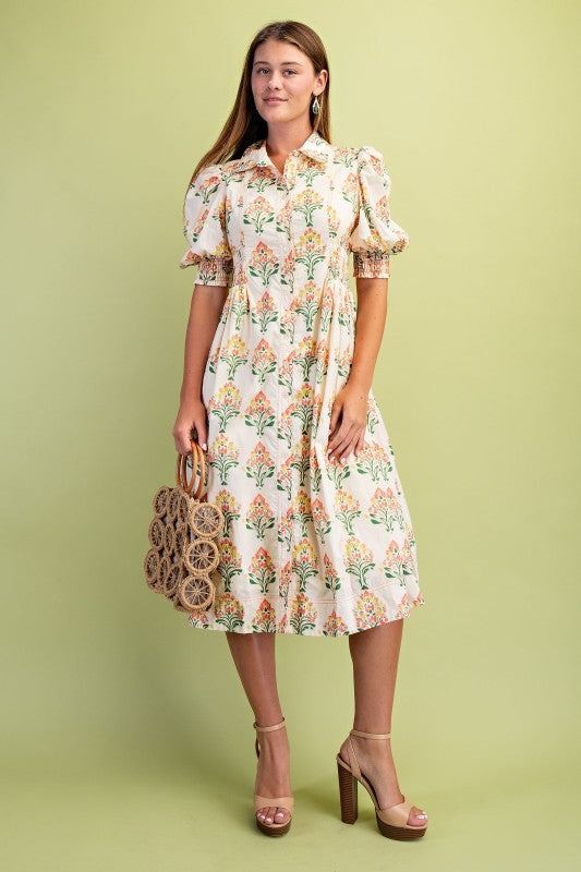 Wildflower Grace Midi Shirt Dress-Cream