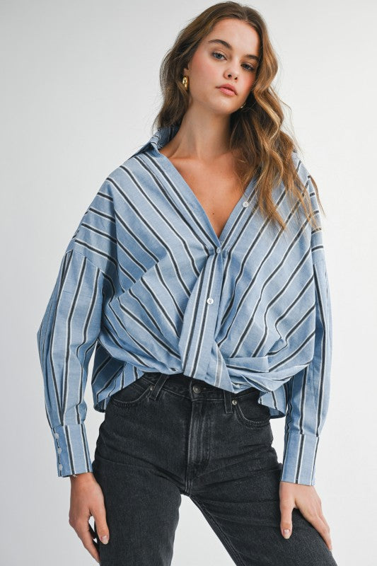 Caught Up Twist Detail Top- Blue Stripe
