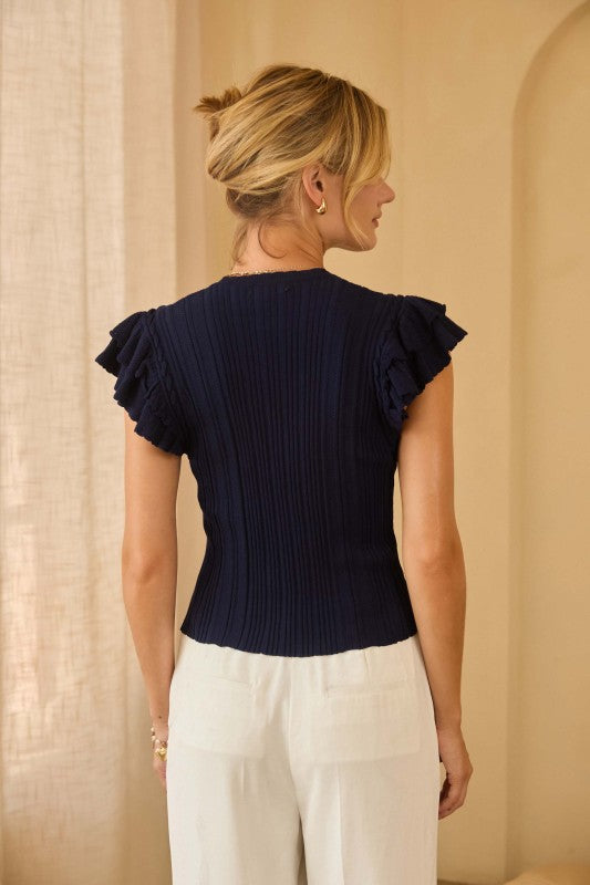 Paris Charm Ruffled Knit Top-Navy