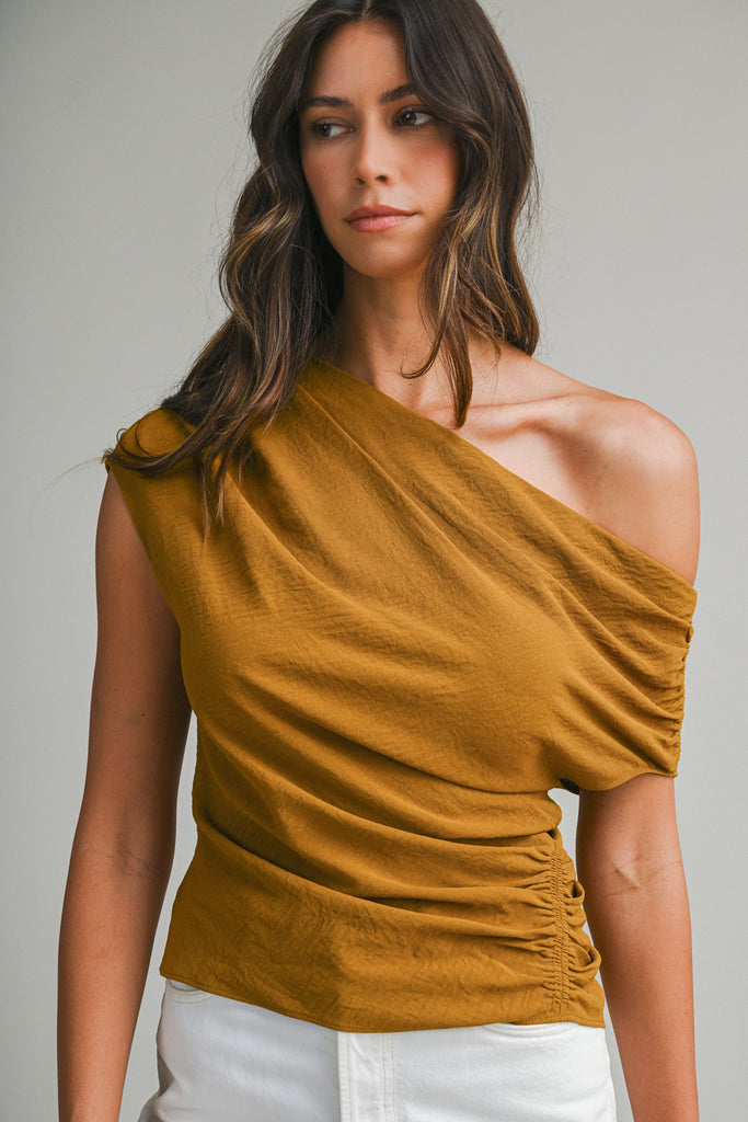 With Ease Draped Neckline Top-Gold Mustard