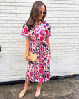 Garden Grace Tie Waist Midi Dress-Pink