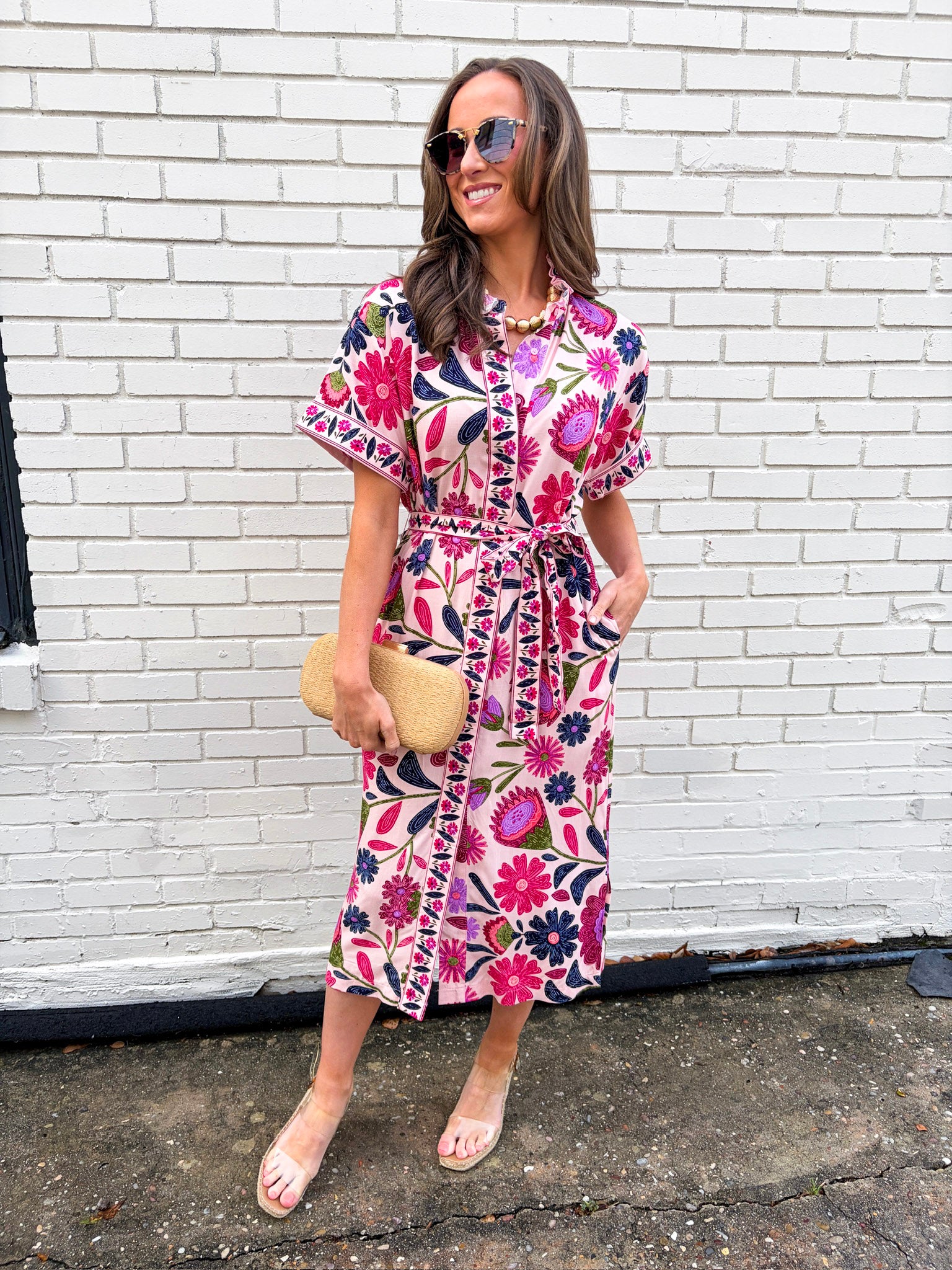 Garden Grace Tie Waist Midi Dress-Pink