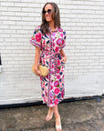 Garden Grace Tie Waist Midi Dress-Pink