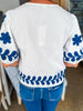 Cherry Blossom Embroidered Top-Off White/Navy