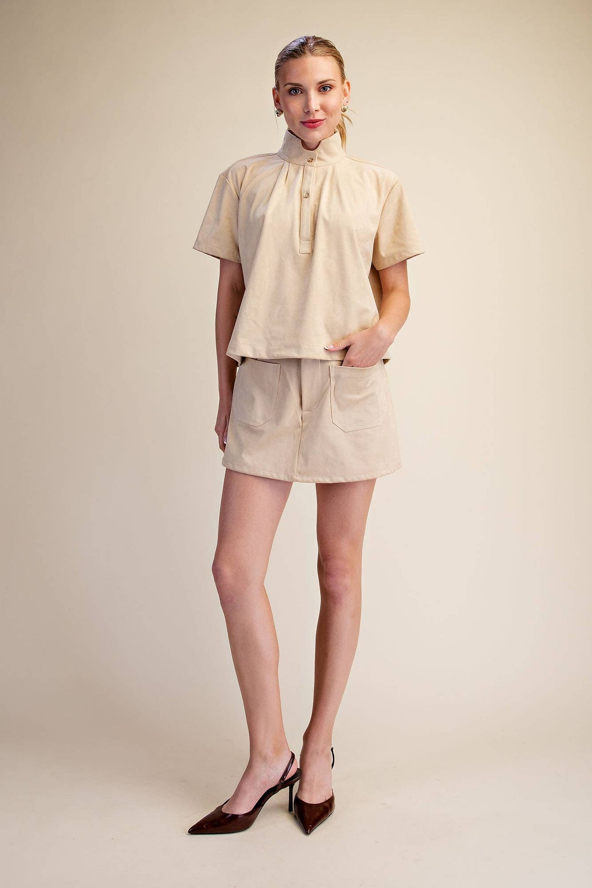 Lucille Stand Collar Top-Beige