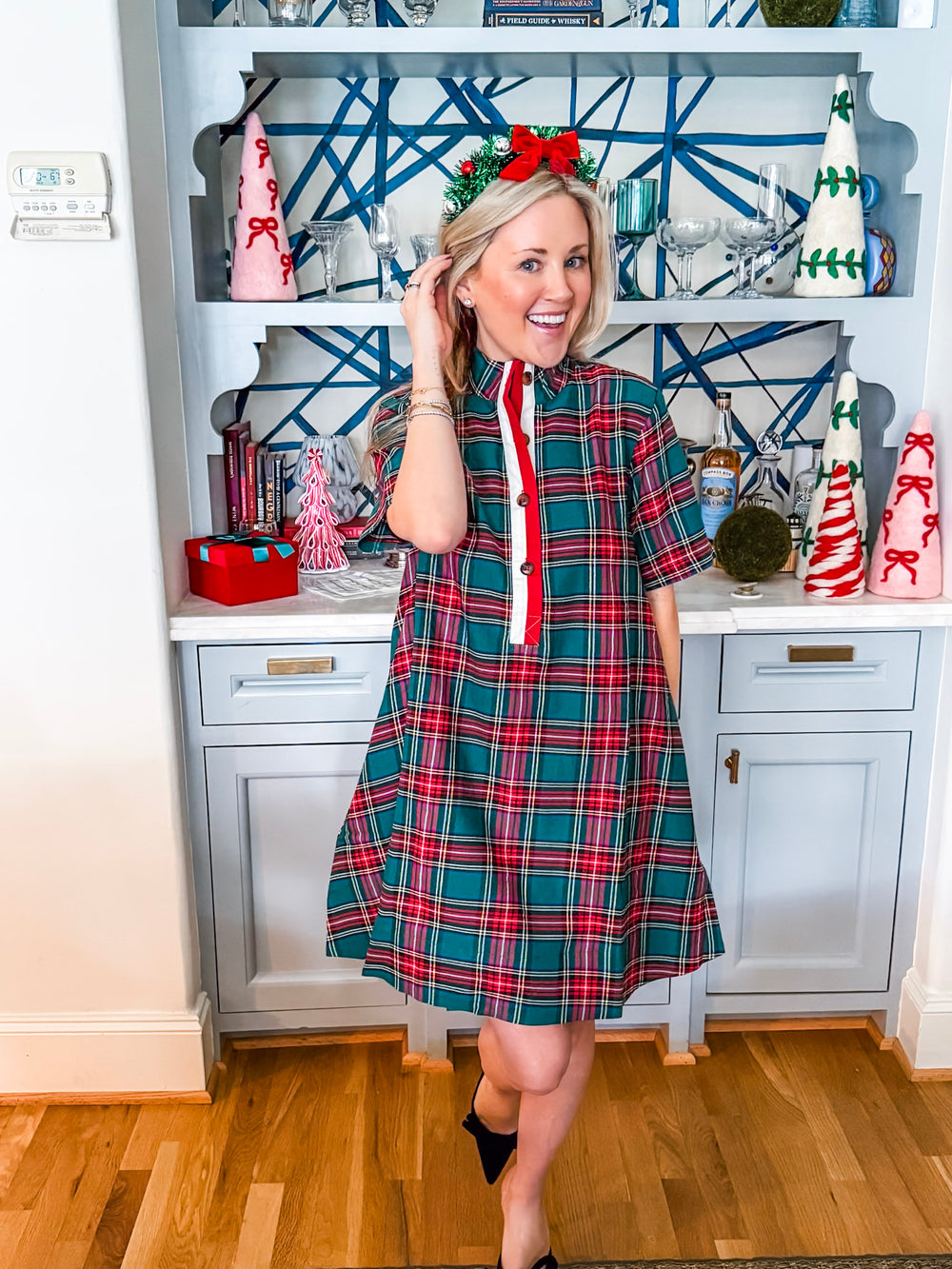 Joyful Plaid Mini Dress-Green