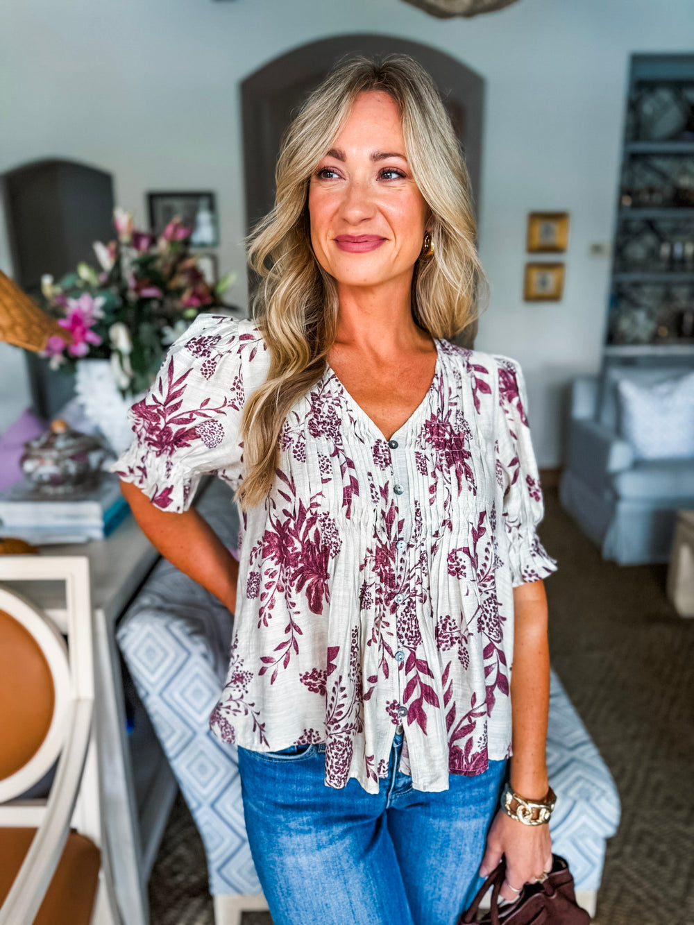 Misty Love Floral Pintuck Top