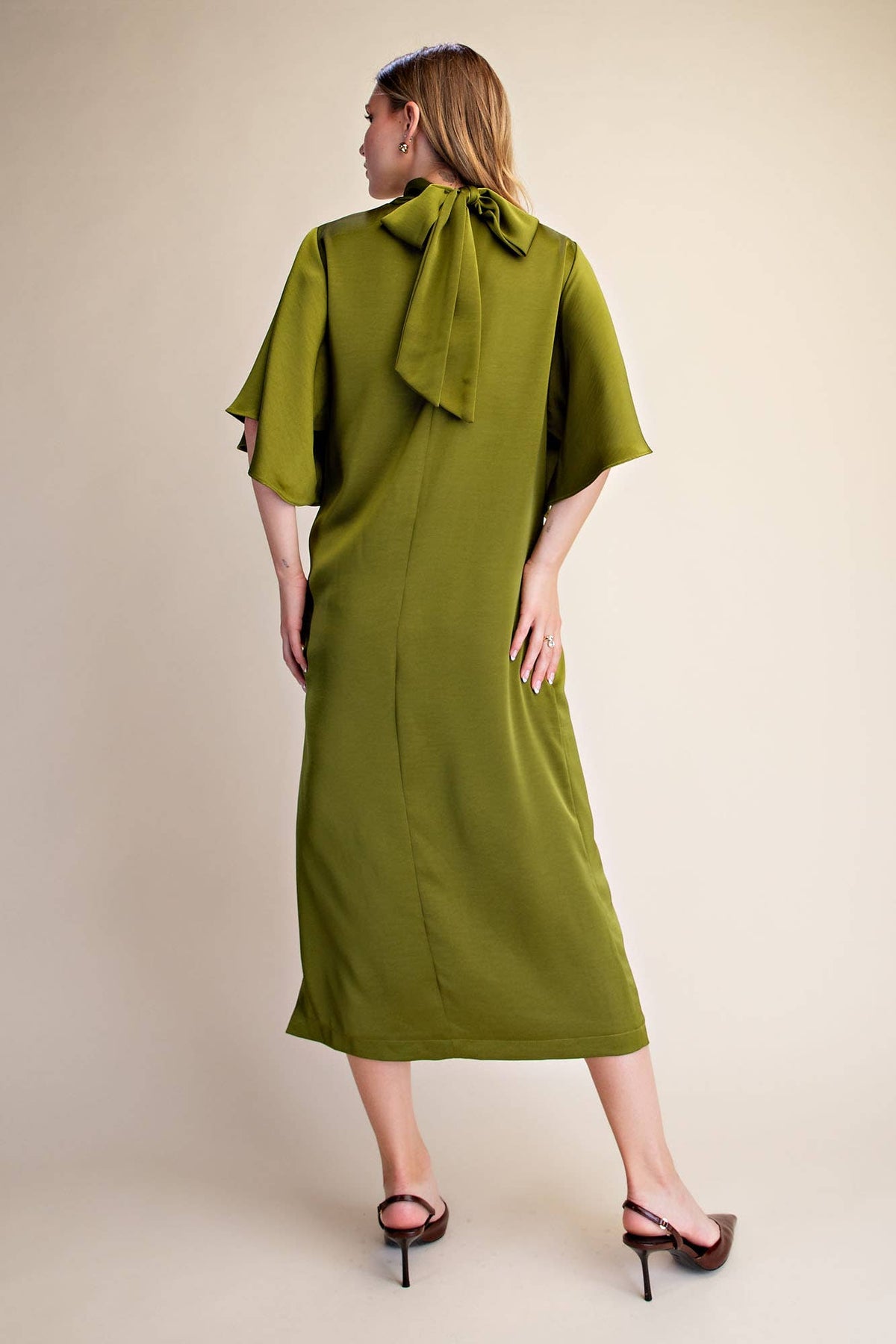 Candlelight Satin Midi Dress-Olive