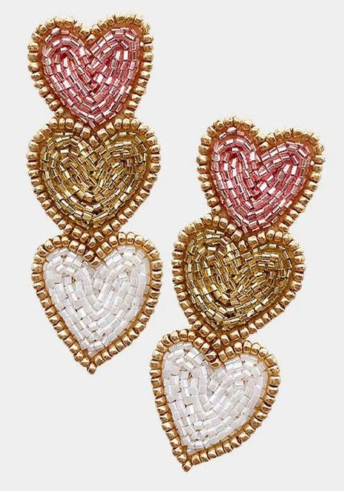 Heart on My Sleeve Beaded Earrings-Light Pink/Gold/White