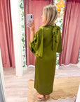 Candlelight Satin Midi Dress-Olive