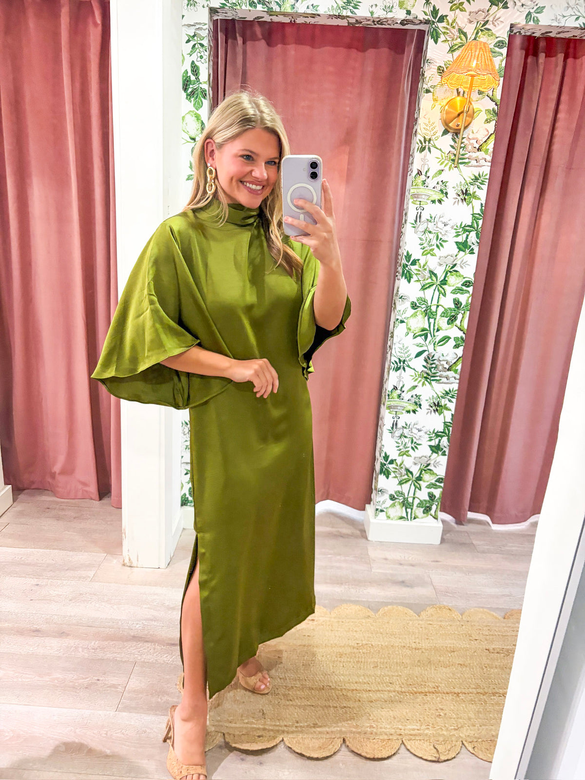 Candlelight Satin Midi Dress-Olive