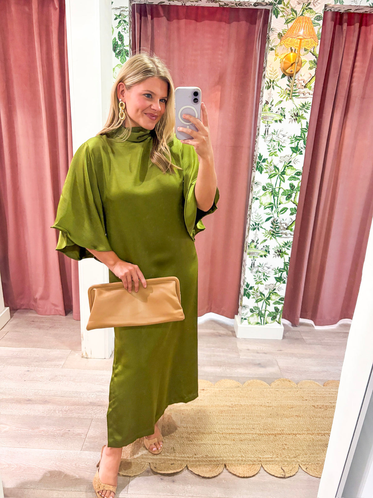 Candlelight Satin Midi Dress-Olive