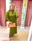 Candlelight Satin Midi Dress-Olive