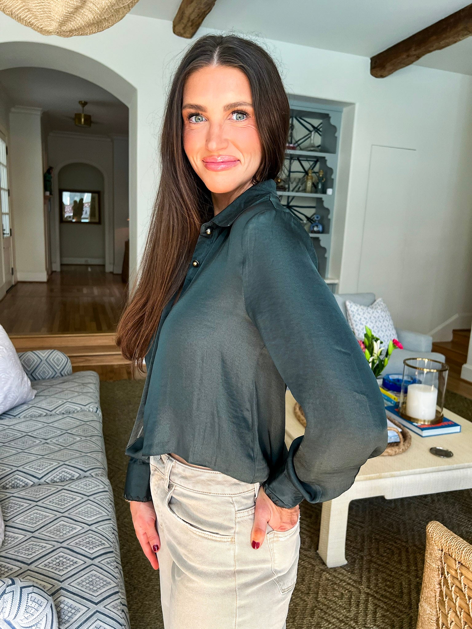 Kind Heart Button Up Top-Forest Green