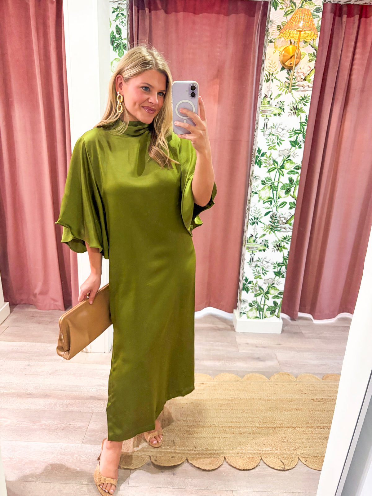Candlelight Satin Midi Dress-Olive