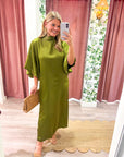Candlelight Satin Midi Dress-Olive