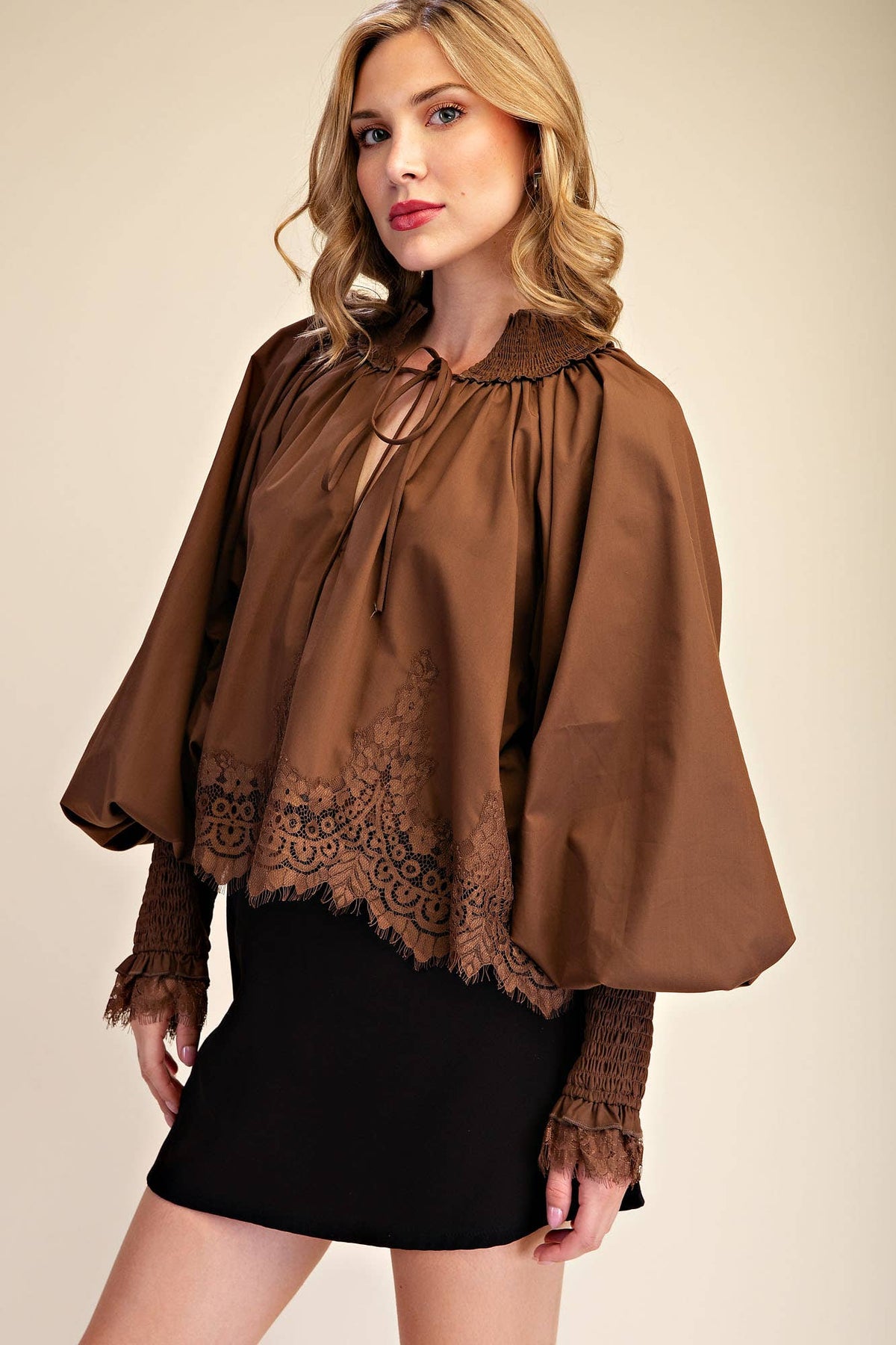 Rosamund Puff Sleeve Top-Brown
