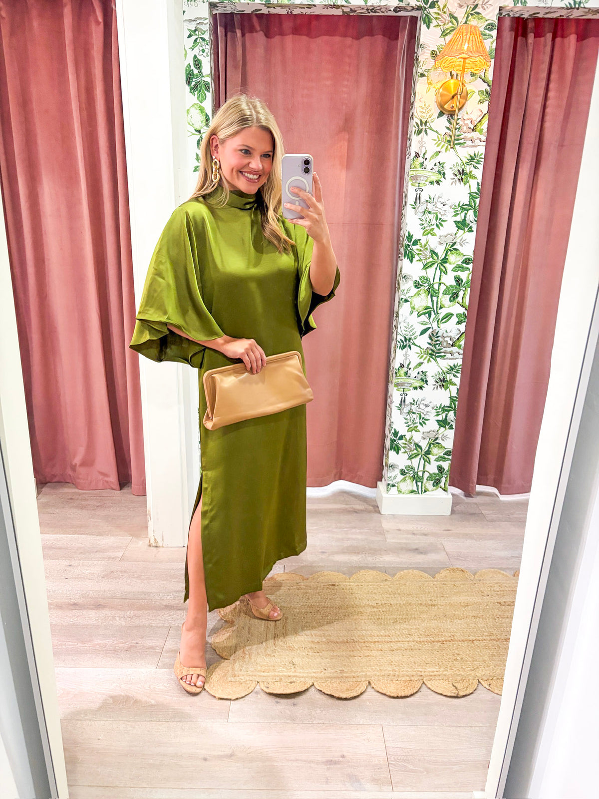 Candlelight Satin Midi Dress-Olive