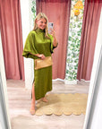Candlelight Satin Midi Dress-Olive