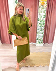 Candlelight Satin Midi Dress-Olive