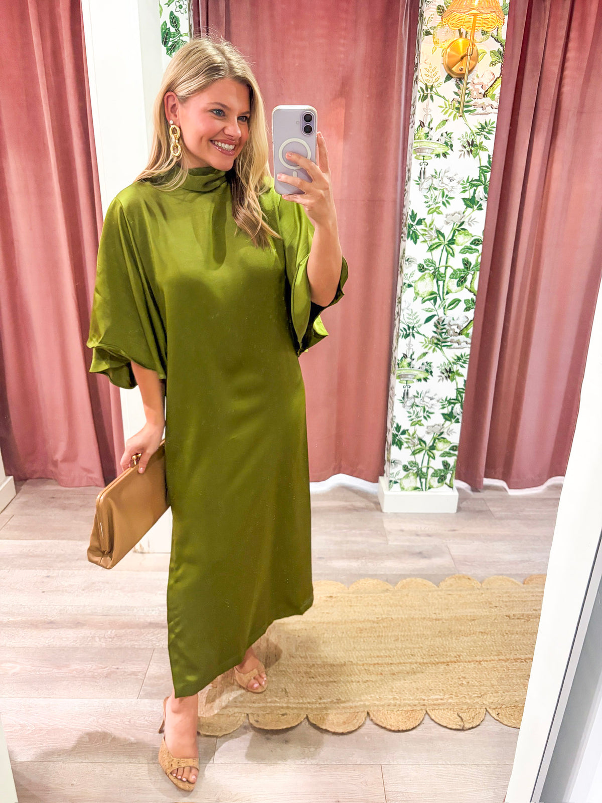 Candlelight Satin Midi Dress-Olive