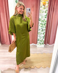 Candlelight Satin Midi Dress-Olive