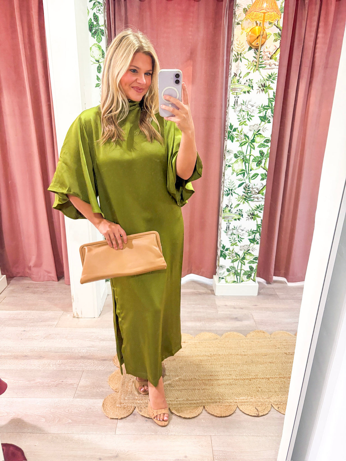 Candlelight Satin Midi Dress-Olive