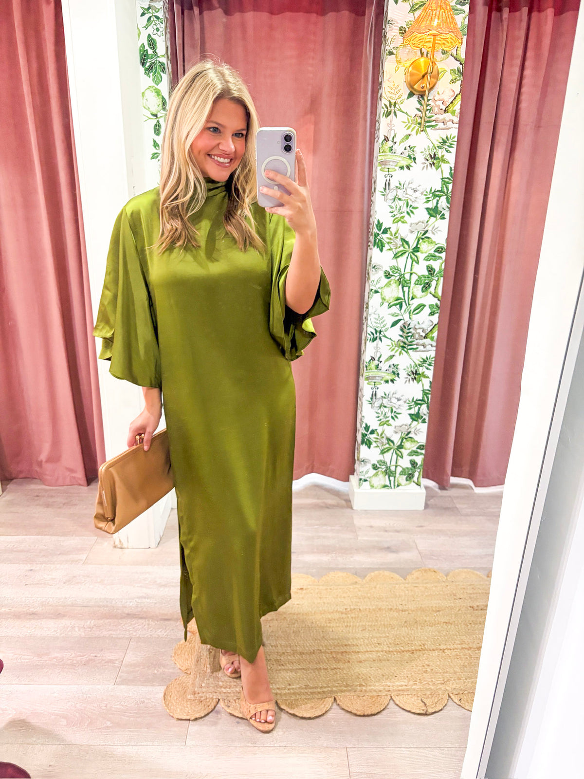 Candlelight Satin Midi Dress-Olive