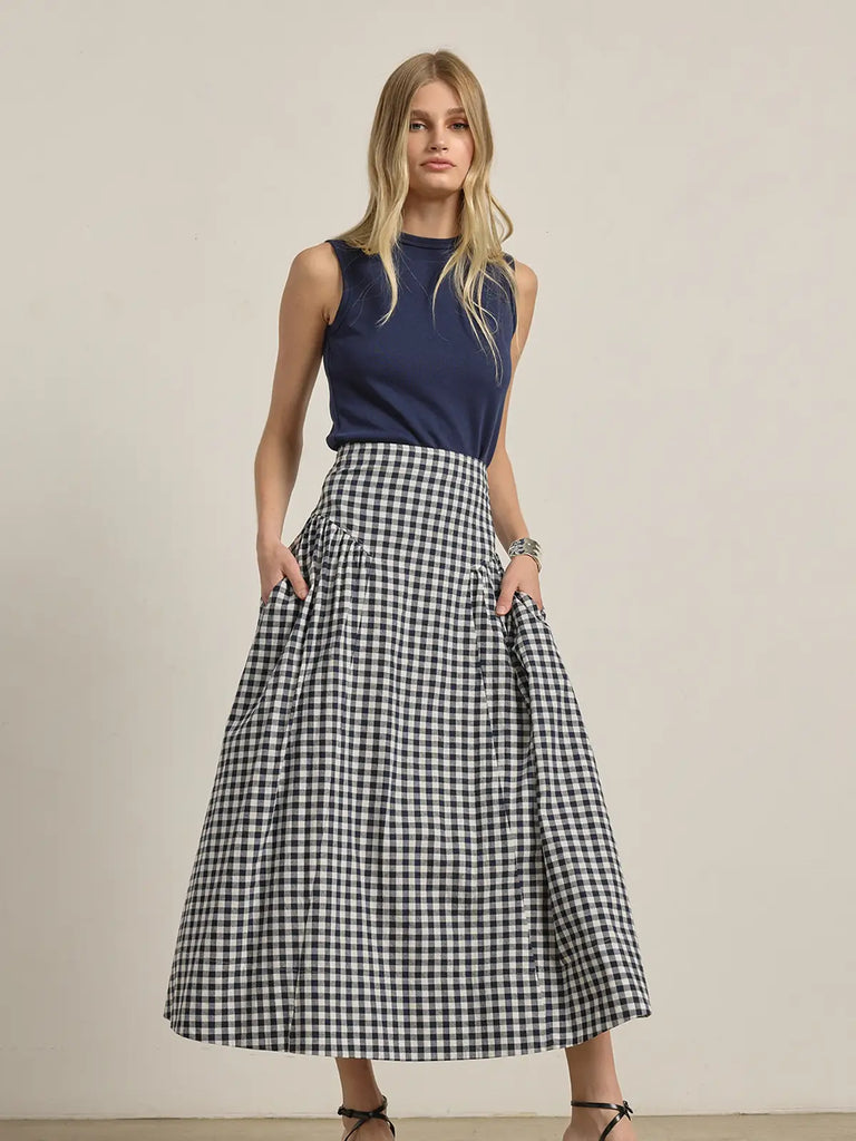 Gingham Check Midi Skirt
