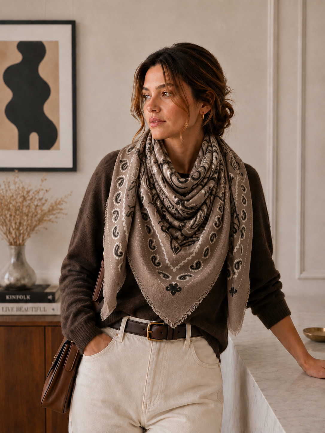 Western Trail Square Bandana-Light Taupe