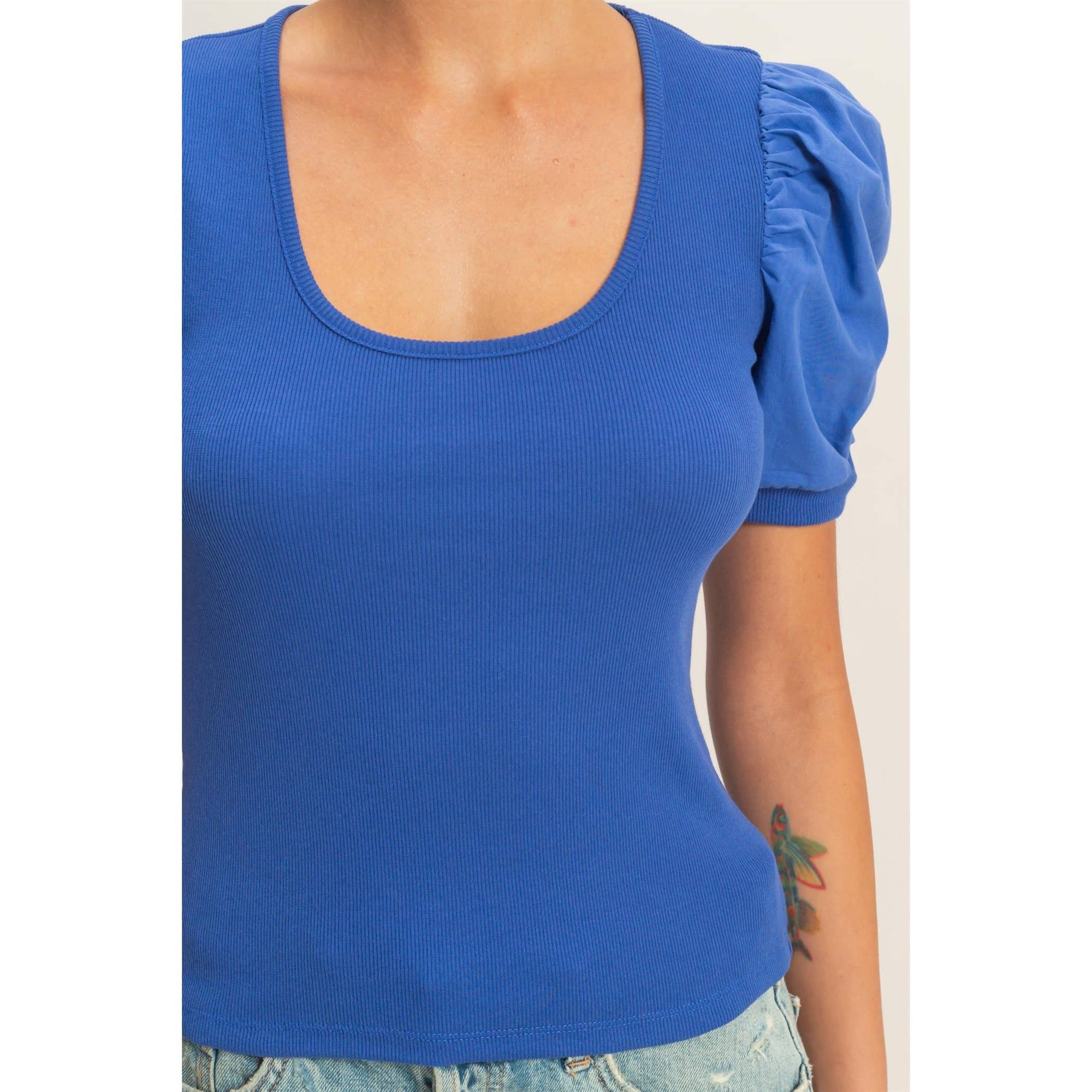 Perfect Fit Puff Sleeve Top-Cobalt
