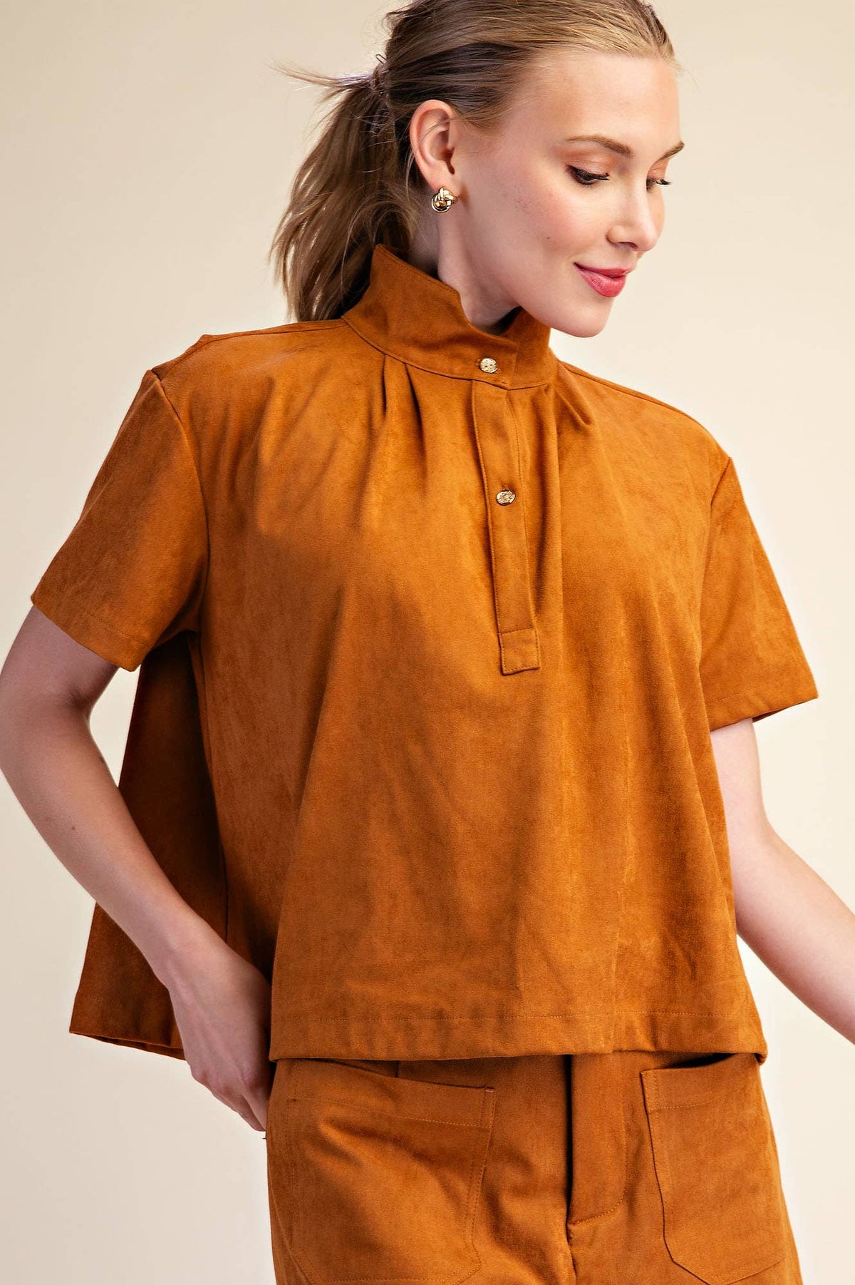 Lucille Stand Collar Top-Camel