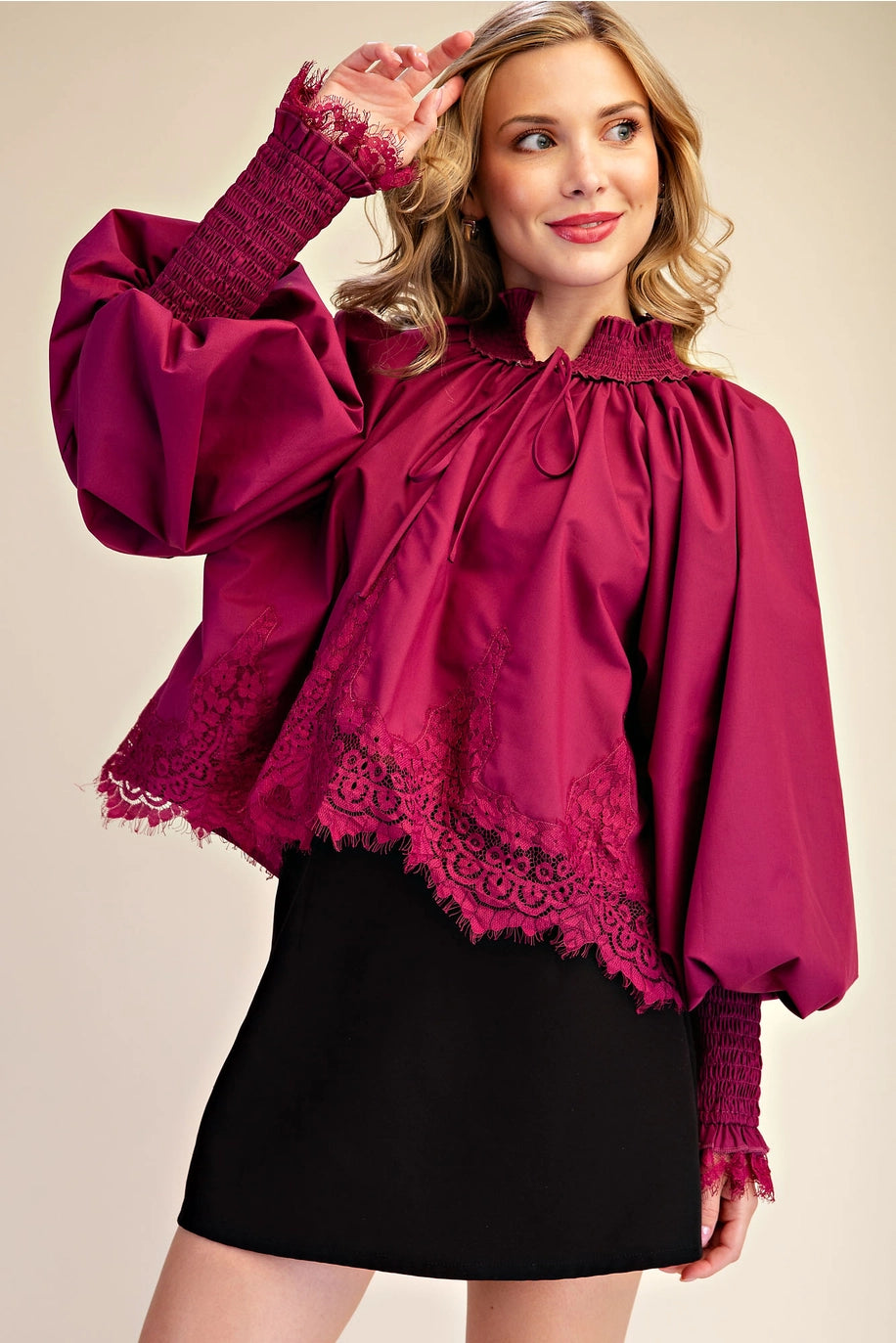 Rosamund Puff Sleeve Top-Plum