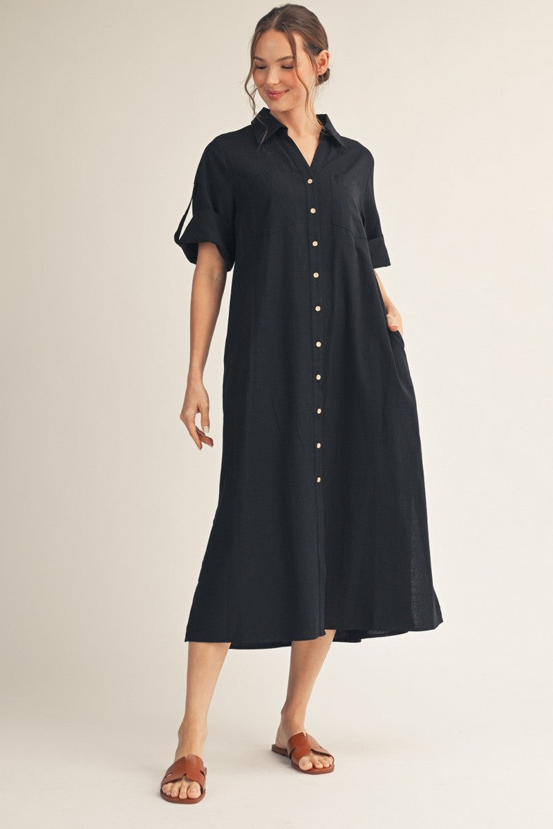 Weekend Chic Woven Midi Dress-Black