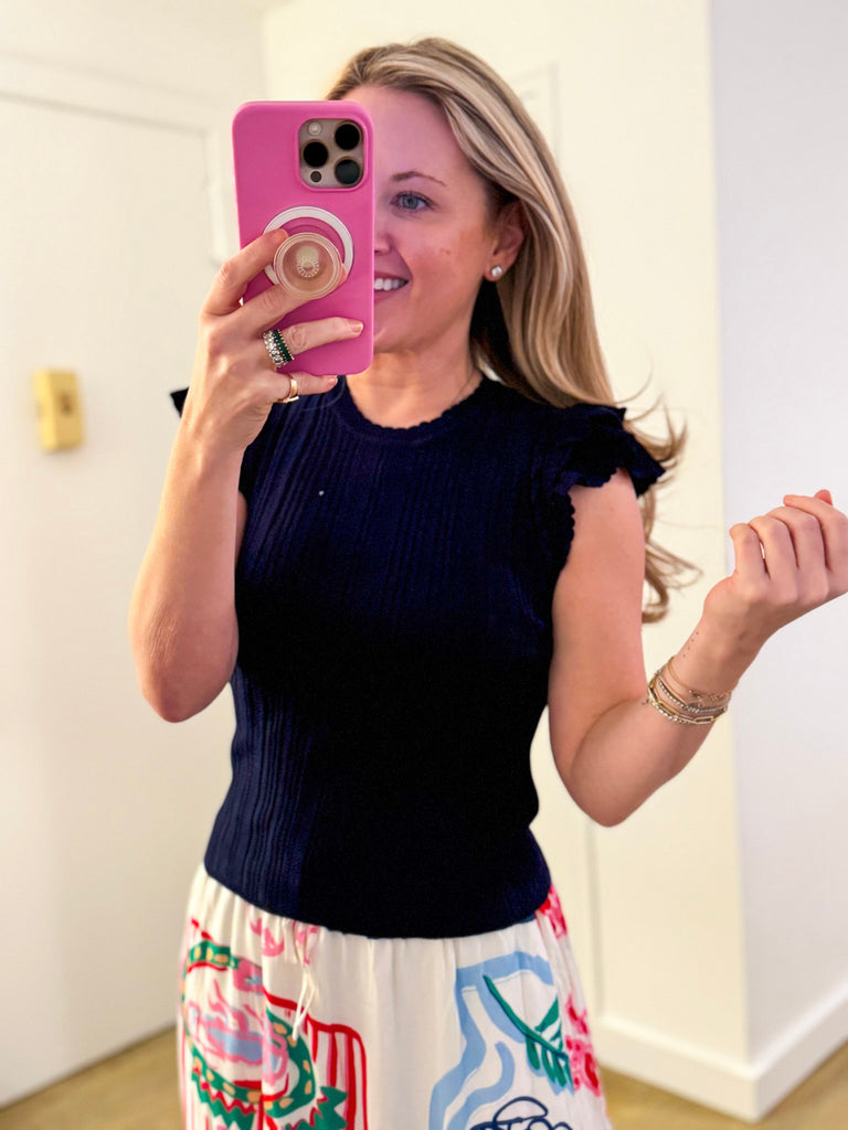 Paris Charm Ruffled Knit Top-Navy