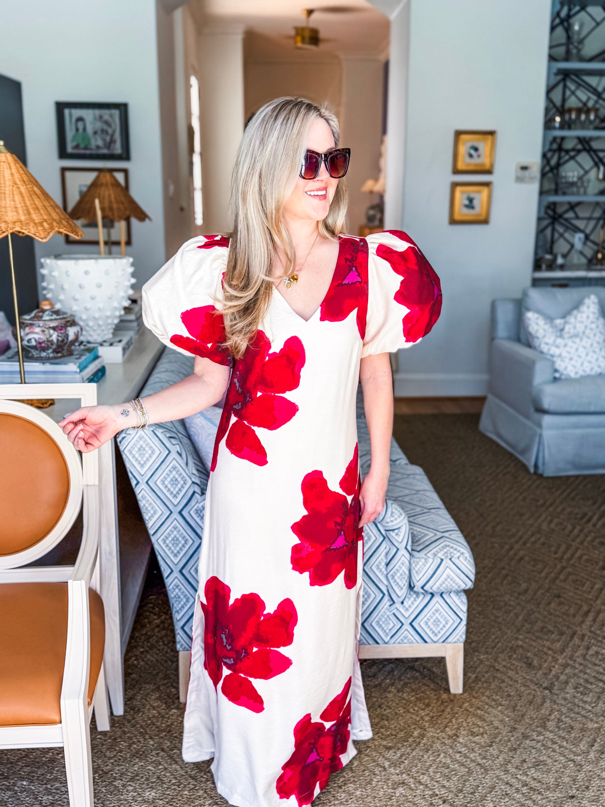 Camellia Puff-Sleeve Maxi Dress-Red