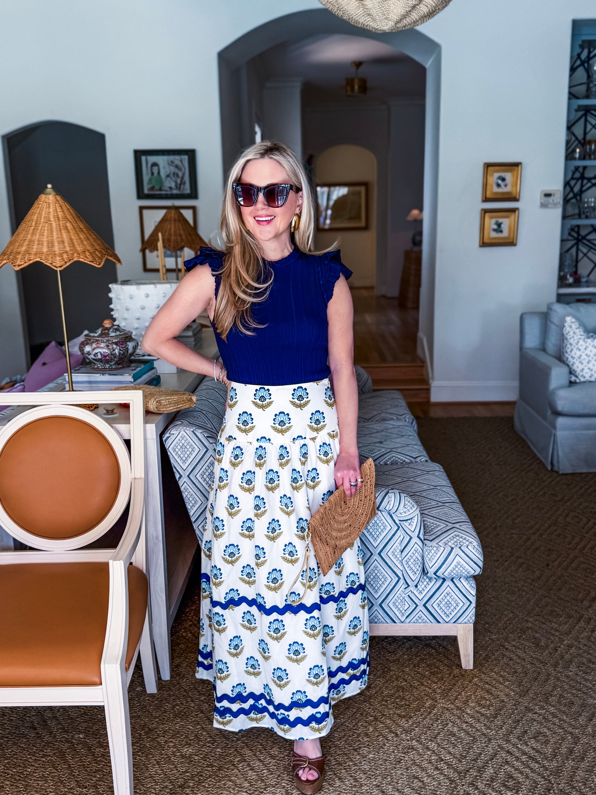 Paris Charm Ruffled Knit Top-Navy