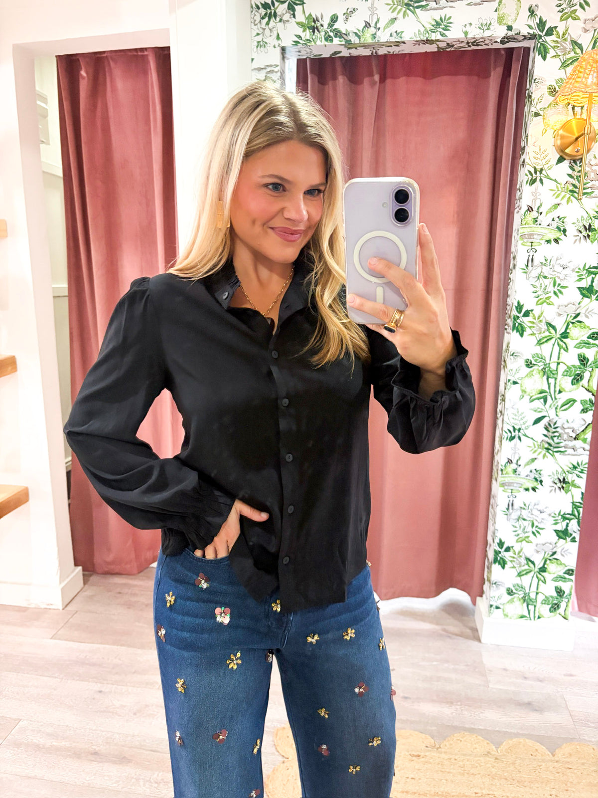 Zaria Mandarin Collar Top-Black