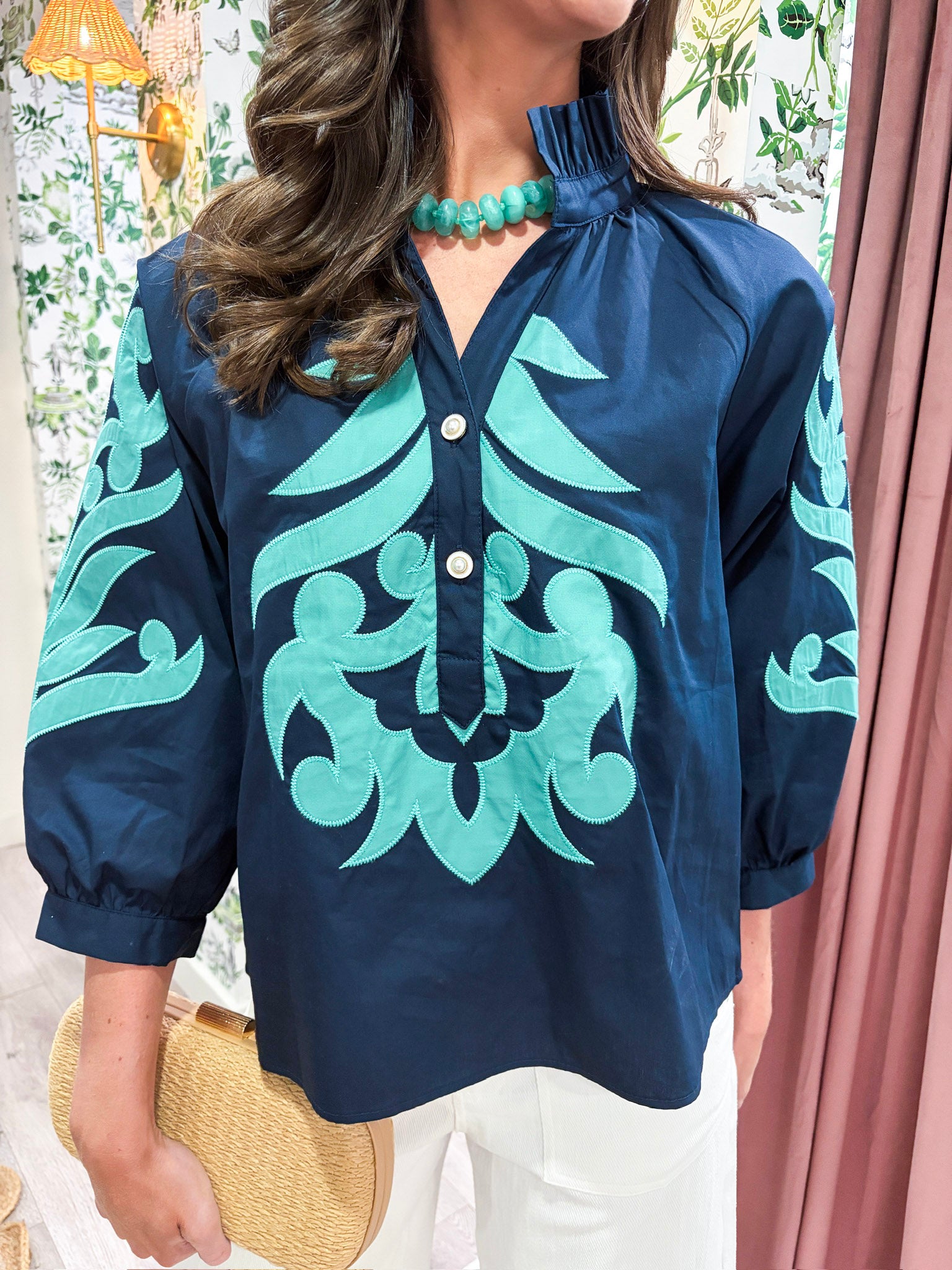 Blush Peony Top-Navy