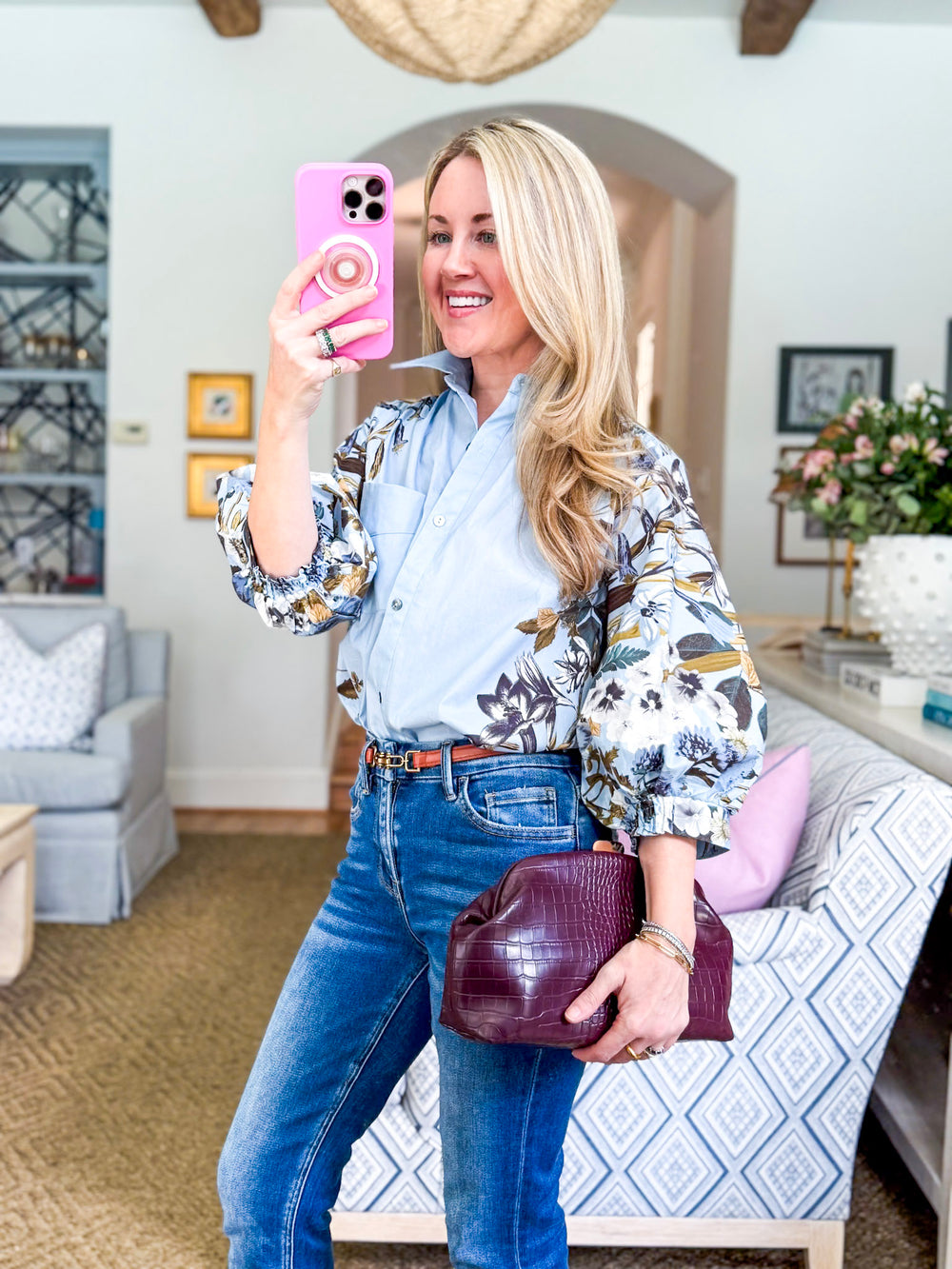 Snapdragon Floral Top-Chambray