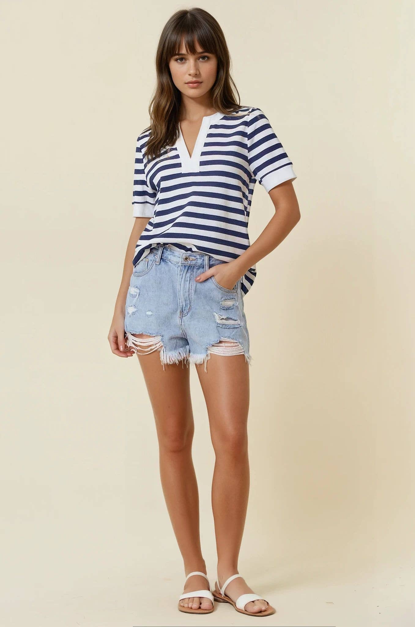 Striped V-Neck Knit Top