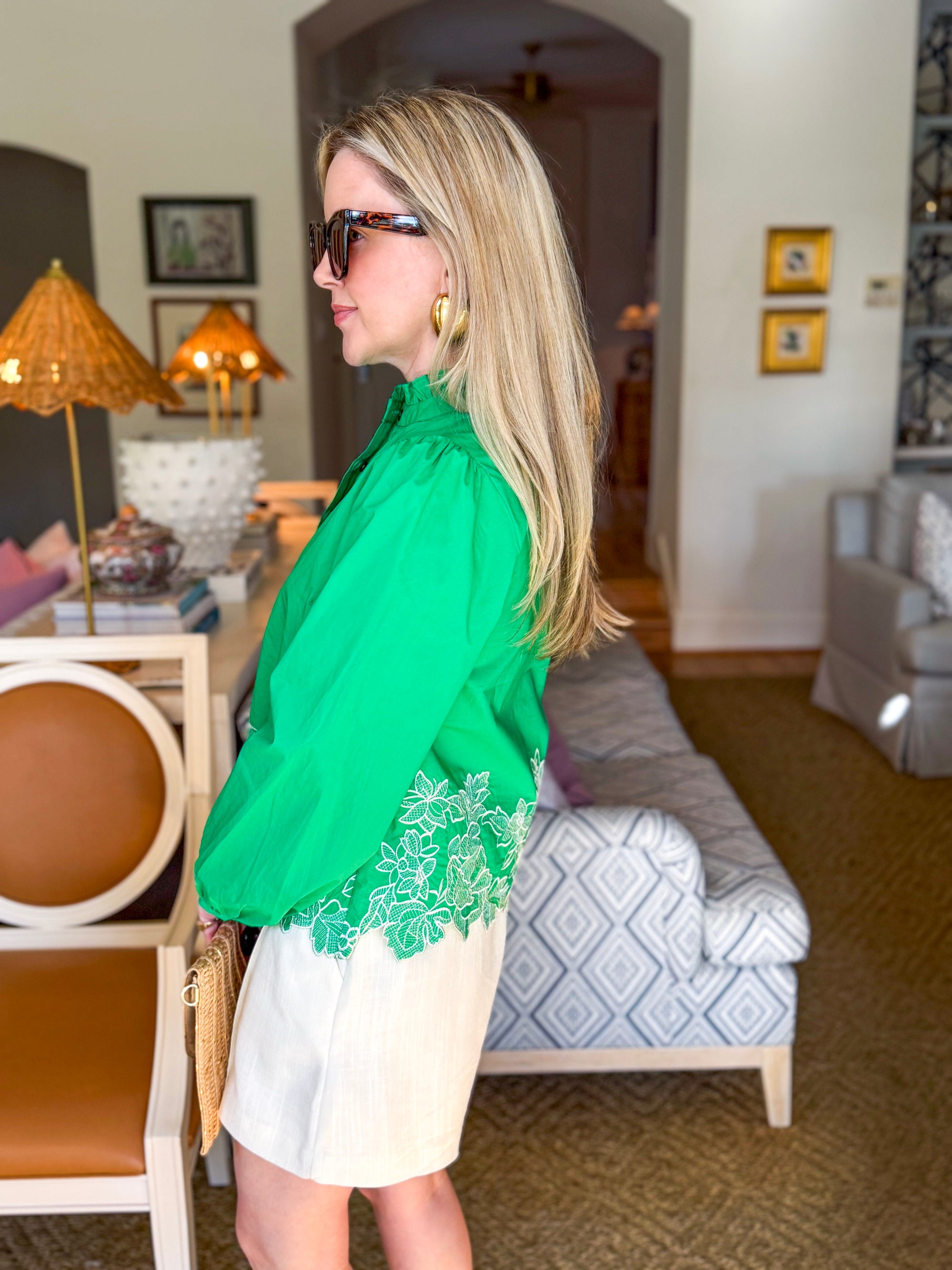 Threaded Bloom Long Sleeve Top-Spring Green