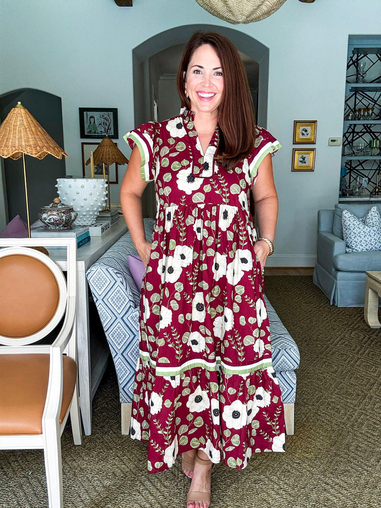 Meadow Moment Floral Midi Dress-Wine