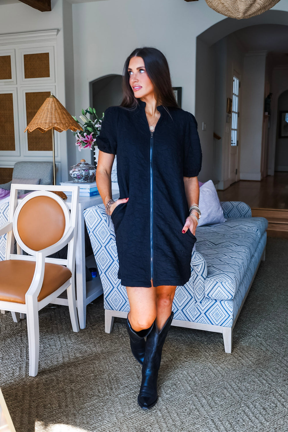 Dynamic Details Jacquard Mini Dress-Black