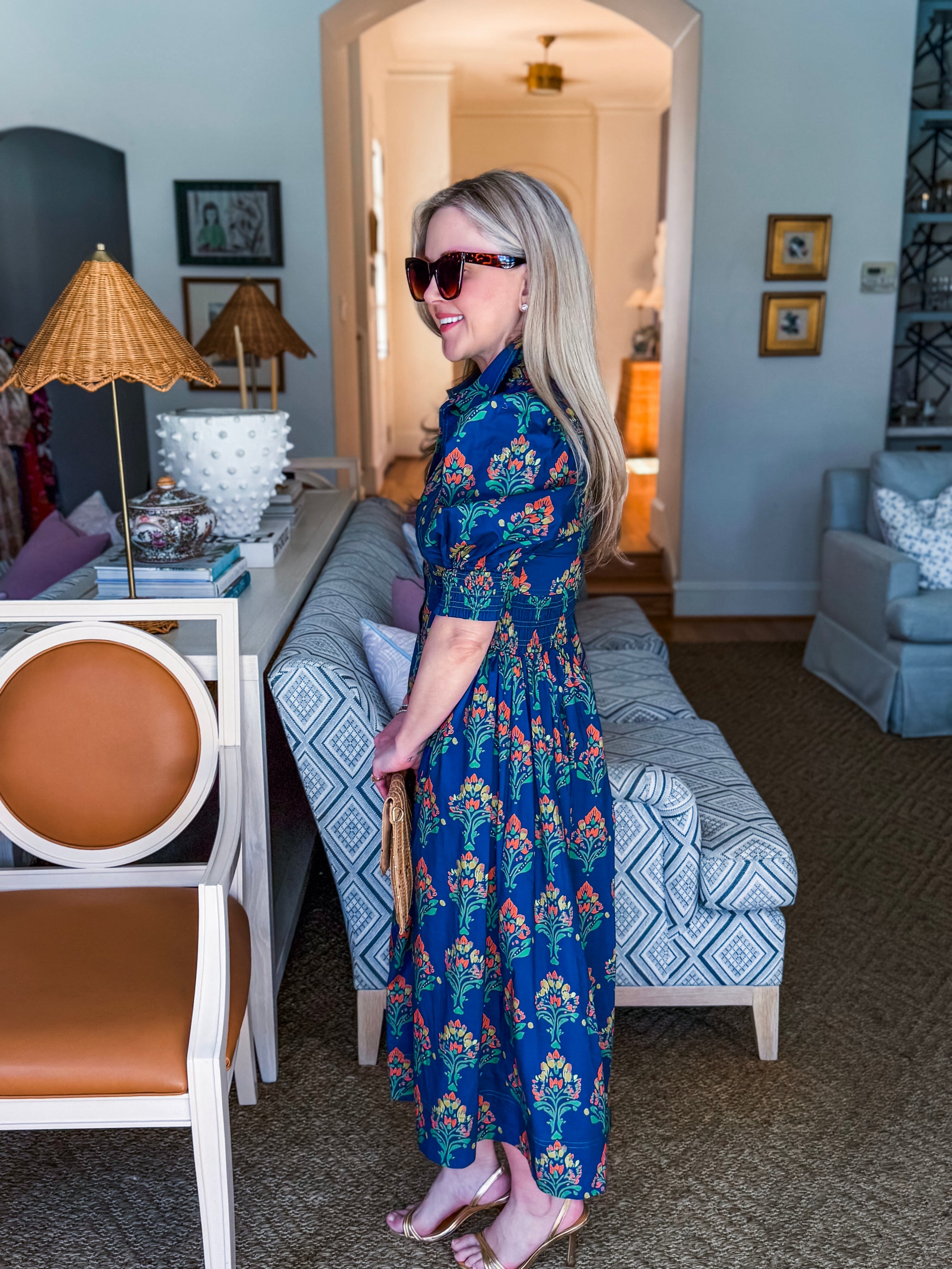 Wildflower Grace Midi Shirt Dress-Navy