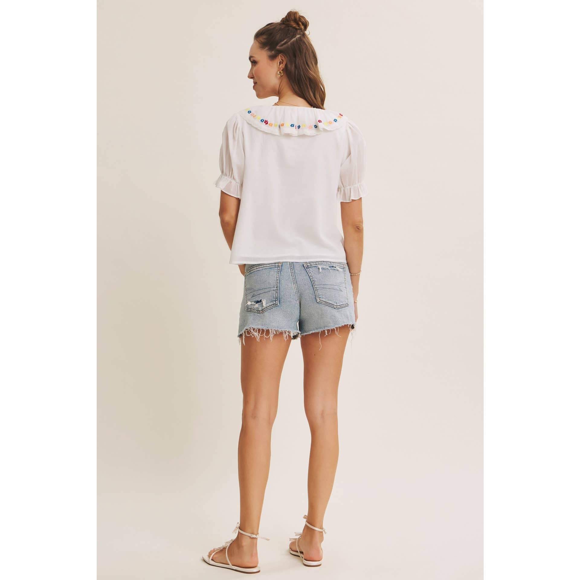 Steps Beach Embroidered Ruffle Top