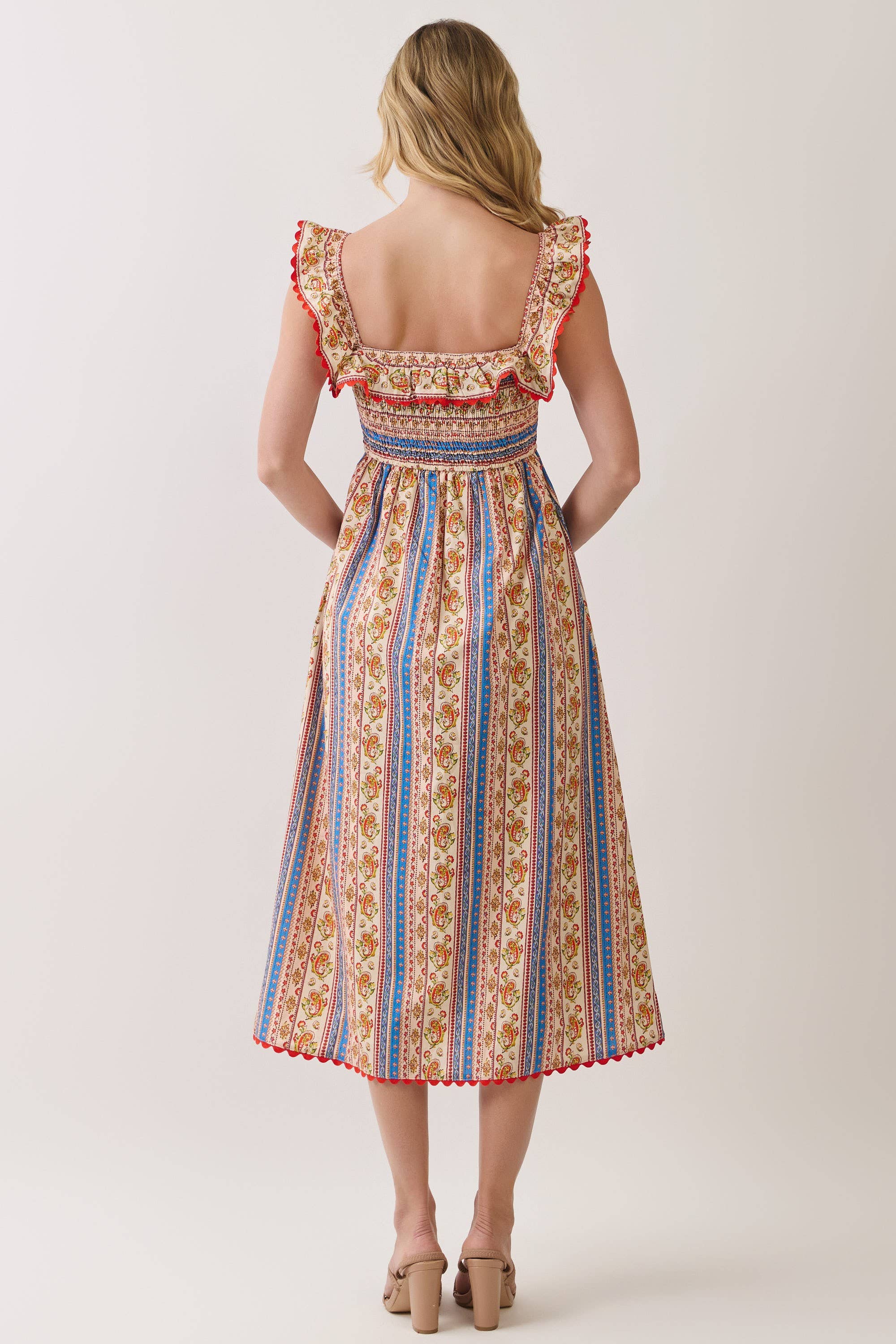 Paisley Stripe Smocked Midi Dress