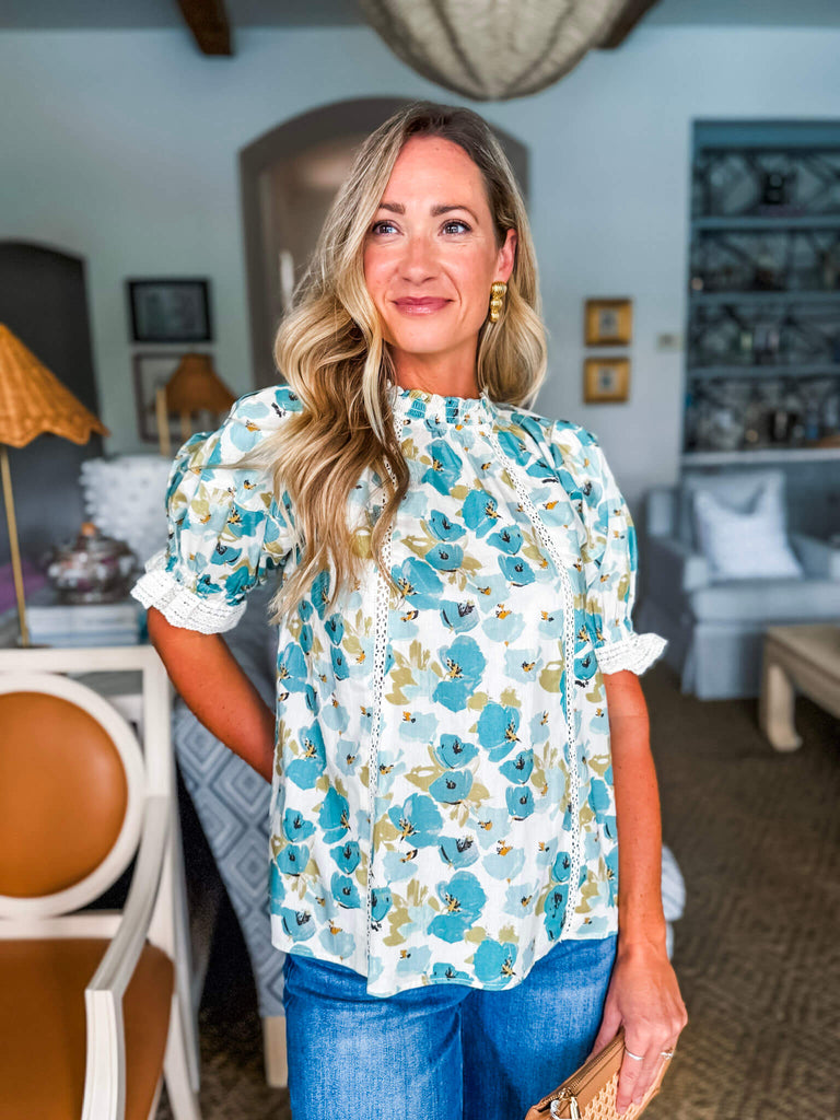 Carefree Charm Floral Top-Light Teal