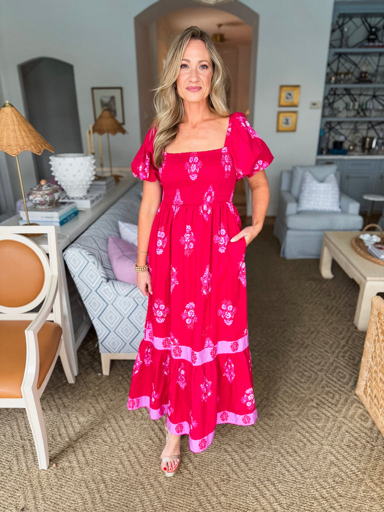 Floral Berry Smocked Maxi Dress