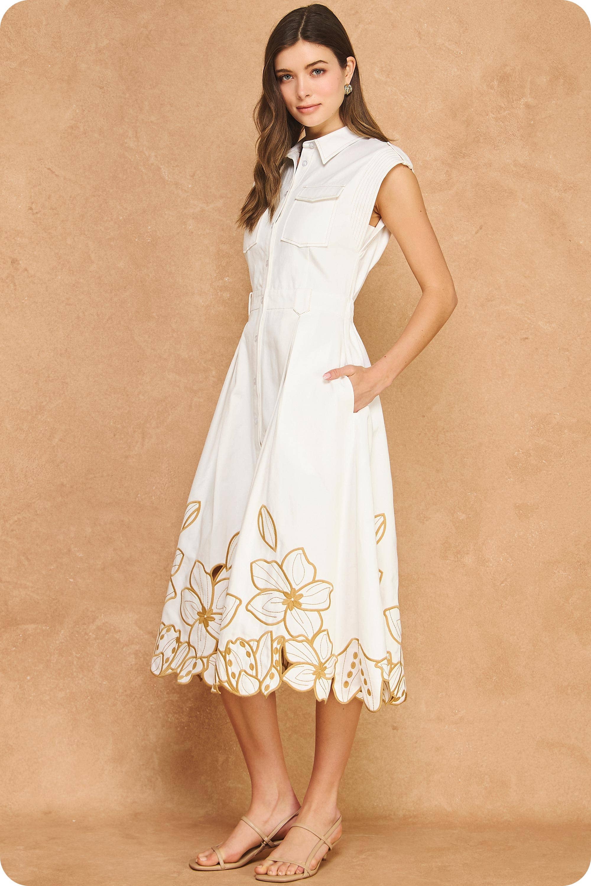 Garden Cutwork Embroidered Midi Dress-Off White